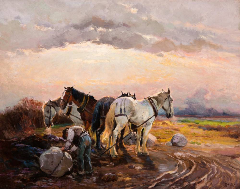 Four horses getting ready to pull a large rock that a farmer is strapping up